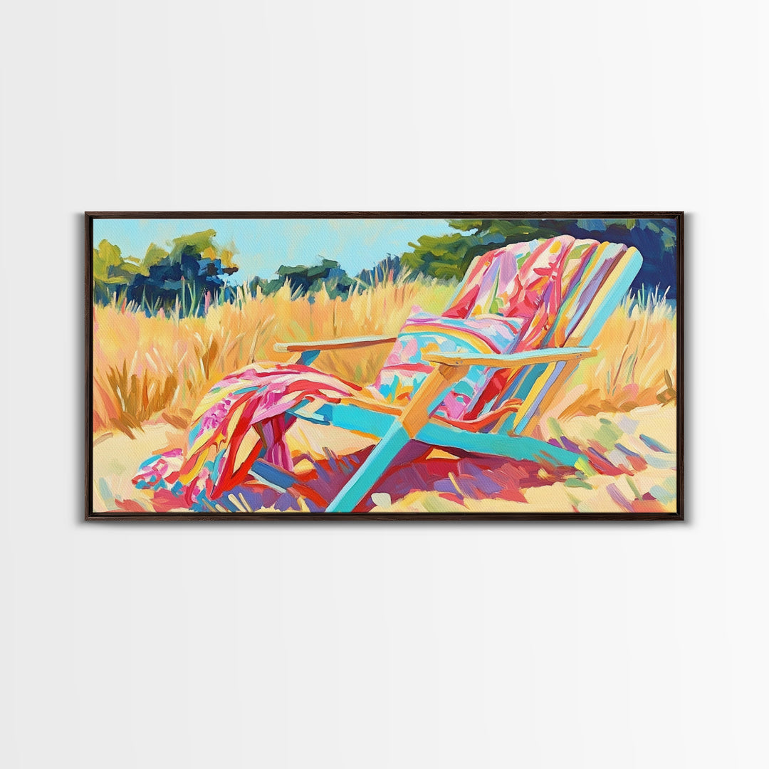 Colorful Beach Chair In Summer Grass Canvas Print, Coastal Wall Art, Beach House Decor, Summer Vibes, Relaxing Art Print