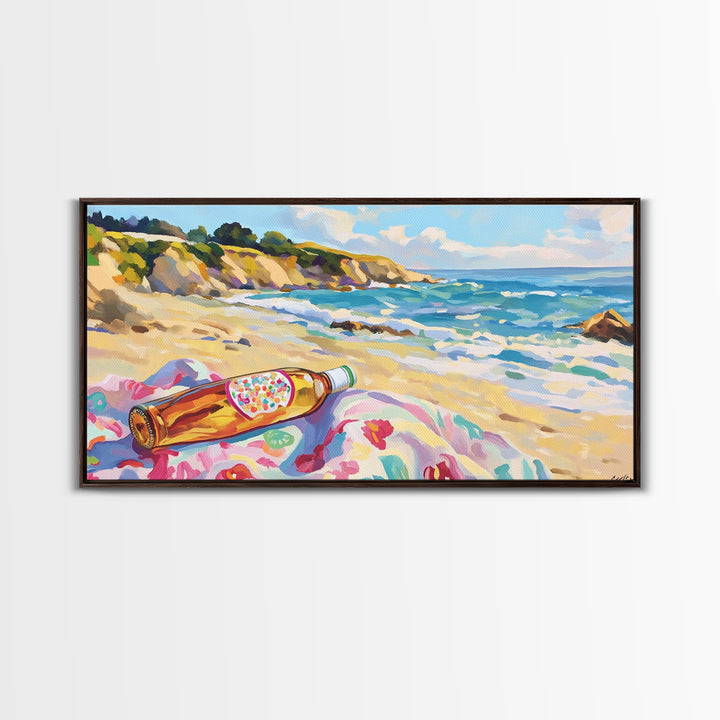 Beach Bottle On Towel Coastal Beach Canvas Print, Ocean Wall Art, Beach House Decor, Nautical Wall Decor, Summer Gift For Her