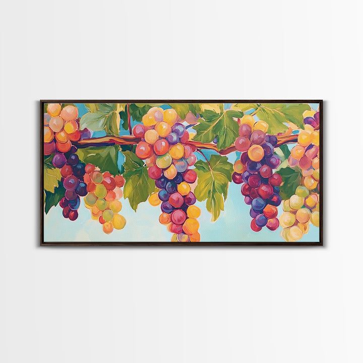 Sunlit Grape Clusters On Vine Framed Canvas Print, Vineyard Wall Art, Winery Decor, Colorful Kitchen Art, Wine Lover Gift