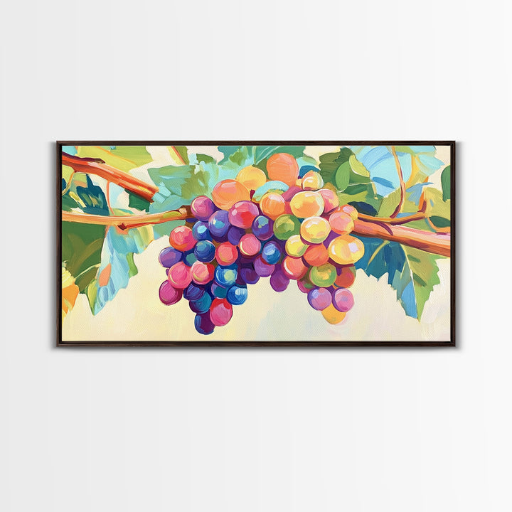 Bright Grape Bunches And Green Leaves Canvas Print, Vineyard Wall Art, Wine Kitchen Decor, Colorful Fruit Art, Winery Gift