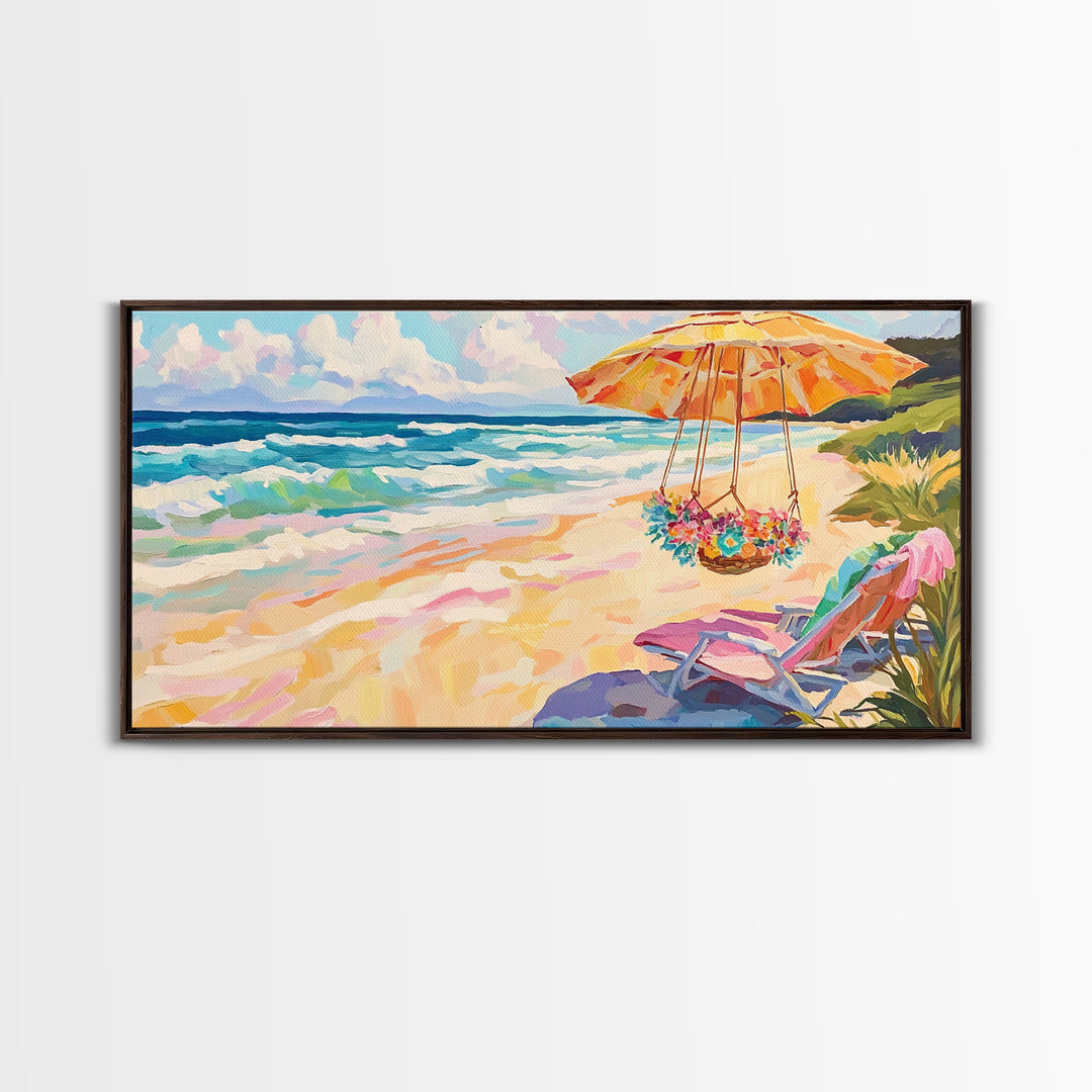 Sunny Beach Umbrella And Chair Framed Canvas Print, Coastal Wall Art, Ocean Decor, Beach House Living Room Art Gift, Summer Seascape