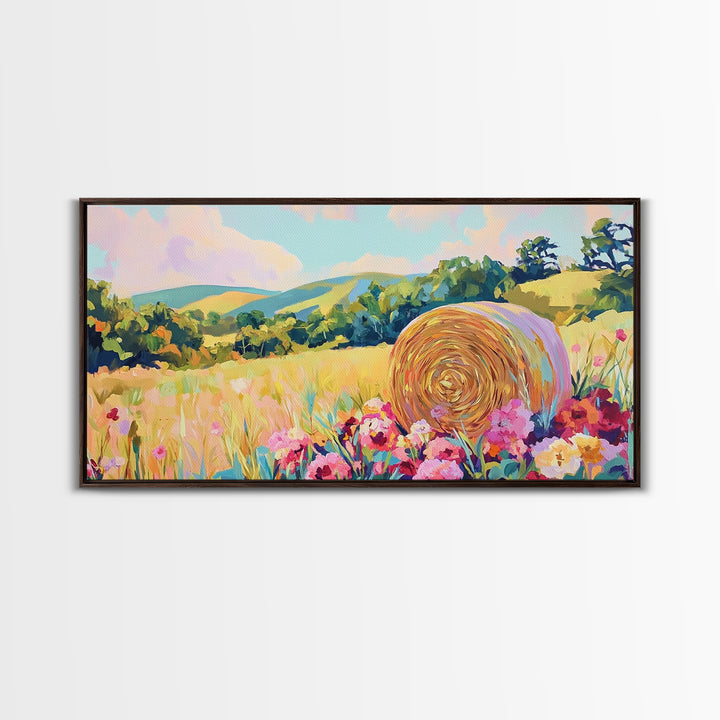Golden Hay Bale Wildflower Meadow Canvas Print, Country Landscape Wall Art, Farmhouse Decor, Rustic Living Room Art Gift