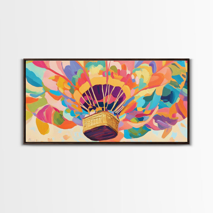 Rainbow Hot Air Balloon Canvas Print, Whimsical Nursery Wall Art, Colorful Dopamine Decor, Kids Room Fantasy Art Gift, Baby Shower
