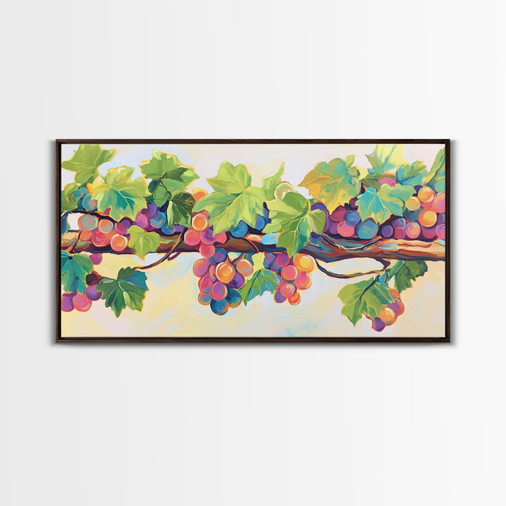 Sunlit Grapes And Green Vine Wall Art, Vineyard Canvas Print, Colorful Kitchen Decor, Rustic Farmhouse Dining Room Prints