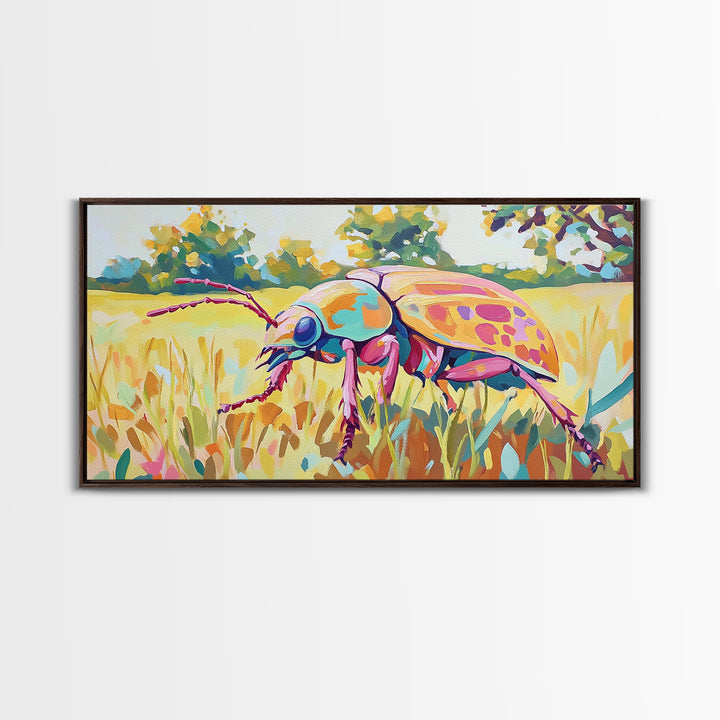 Iridescent Beetle In Golden Meadow Framed Canvas Print, Colorful Insect Wall Art, Nature Inspired Decor, Nature Lover Gift