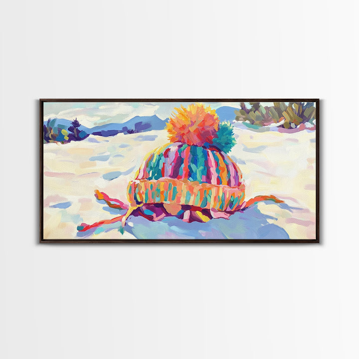 Striped Knit Hat In Snow Canvas Print, Cozy Winter Wall Art, Colorful Nursery Decor, Mountain Landscape, Housewarming Gift