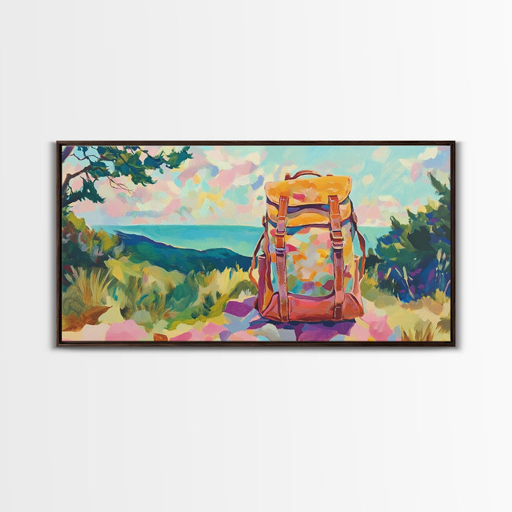 Floral Backpack Coastal Landscape Wall Art, Travel Inspired Art Print, Hiking Gift, Beach House Decor, Modern Nature Wall Decor