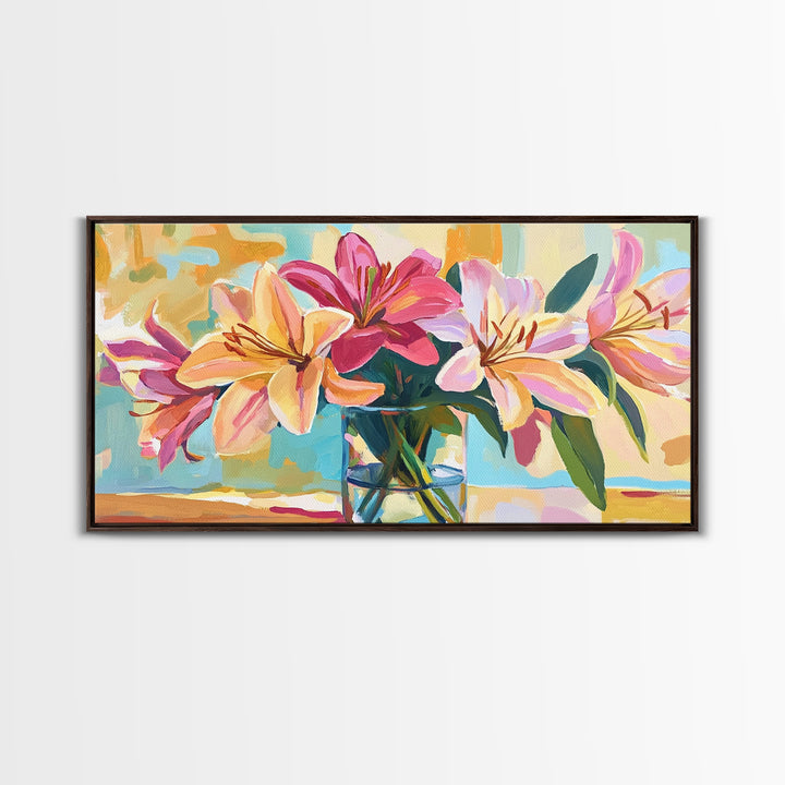 Pink Lilies In Glass Vase Framed Canvas Print, Floral Wall Art, Botanical Decor, Feminine Living Room Wall Decor, Gift For Her