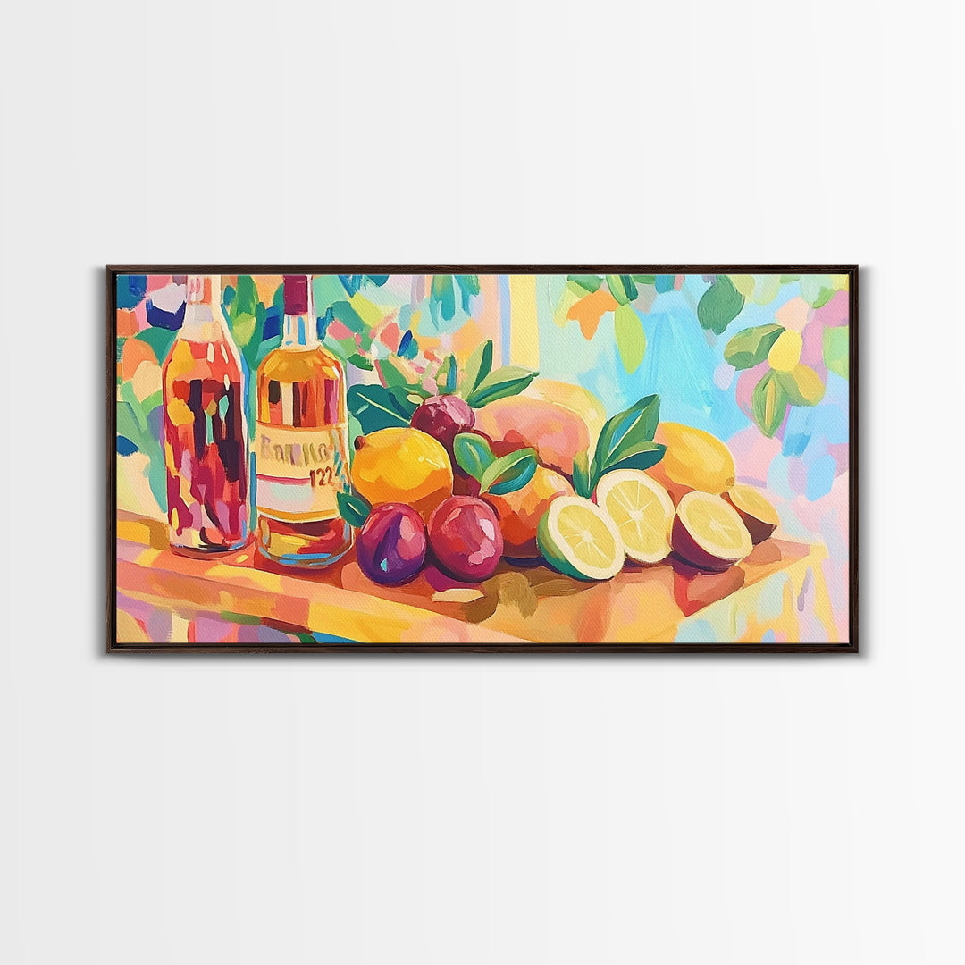 Colorful Citrus And Wine Still Life Canvas Print, Bright Kitchen Wall Art, Fruit Art Print, Dining Room Decor, Housewarming Gift