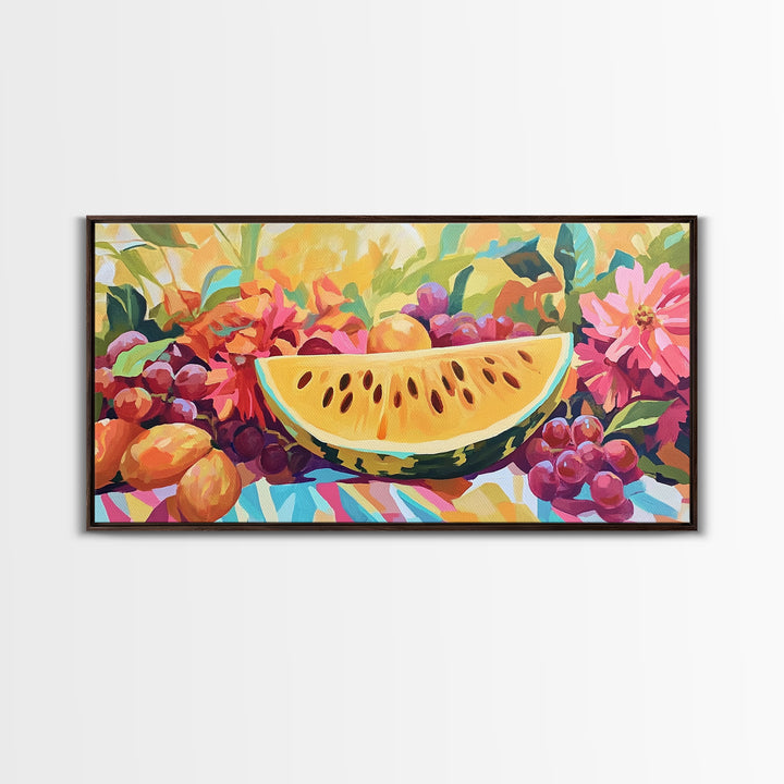 Sunny Watermelon And Summer Fruit Canvas Print, Colorful Kitchen Wall Art, Fruit Still Life, Dining Room Home Decor Gift