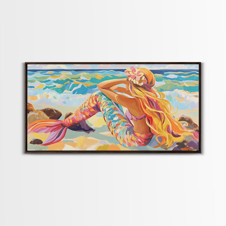 Blonde Mermaid On Sunny Beach Canvas Print, Fantasy Wall Art, Coastal Ocean Decor, Whimsical Nursery Or Bathroom Decor Gift