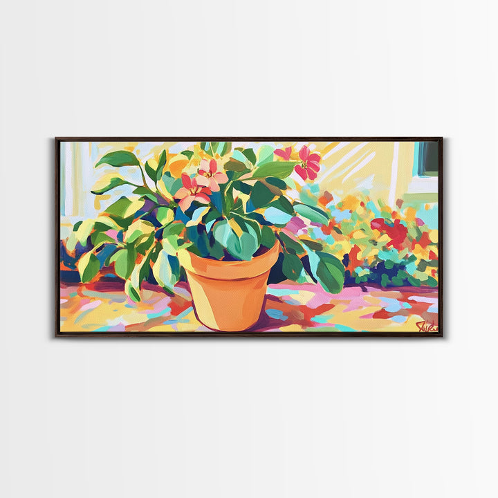 Potted Citrus Tree With Pink Flowers Canvas Print, Botanical Wall Art, Garden Decor, Bright Living Room Home Decor Gift Idea
