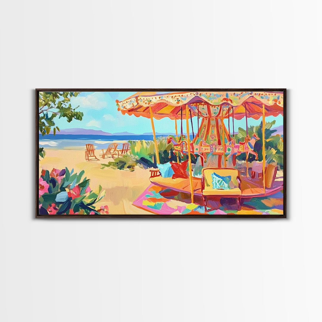 Beachside Carousel With Ocean Chairs Framed Canvas Print, Coastal Wall Art, Summer Beach Decor, Colorful Living Room Art