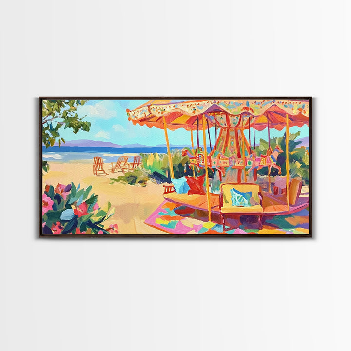 Beachside Carousel With Ocean Chairs Framed Canvas Print, Coastal Wall Art, Summer Beach Decor, Colorful Living Room Art