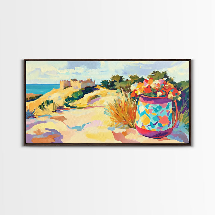 Seaside Dunes Castle And Mosaic Flower Pot Canvas Print, Coastal Wall Art, Beach House Decor, Summer Landscape Art Print