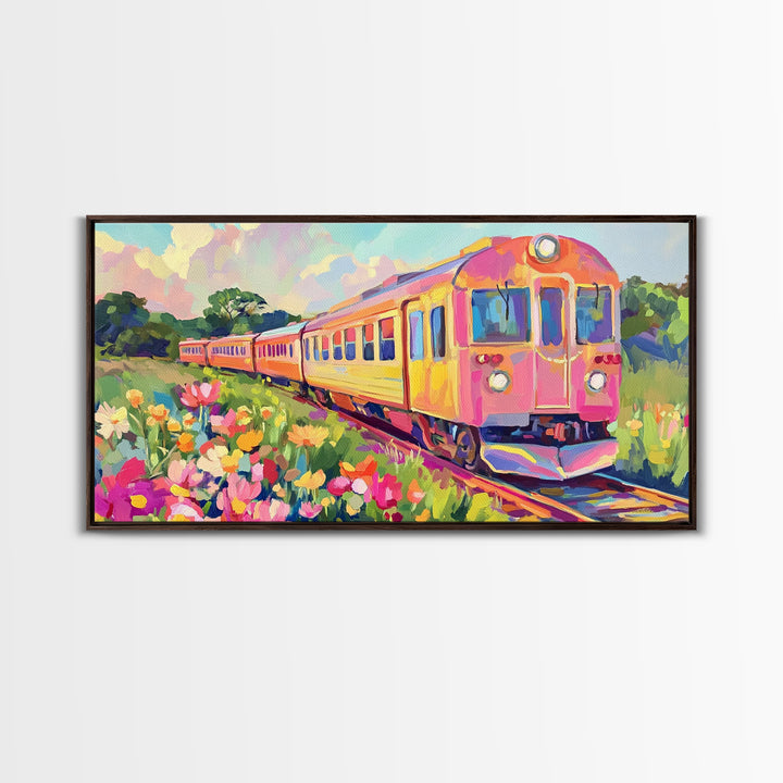 Pink Yellow Train Through Wildflower Meadow Framed Canvas Print, Colorful Wall Art, Travel Decor, Modern Landscape Art Print