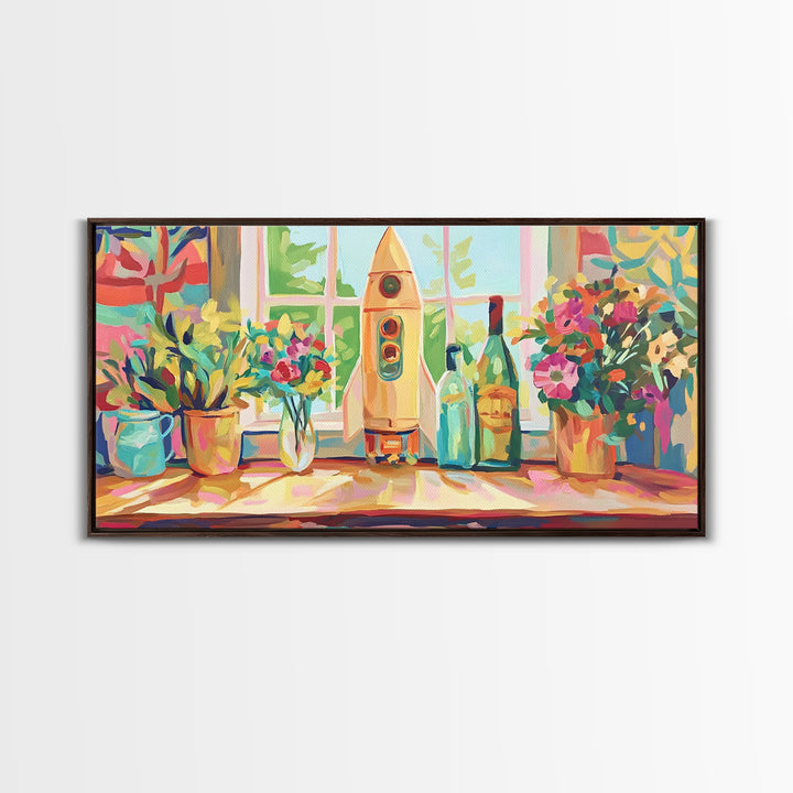 Retro Rocket On Sunny Windowsill With Plants Canvas Print, Space Wall Art, Kids Room Decor, Colorful Nursery Art Print Gift
