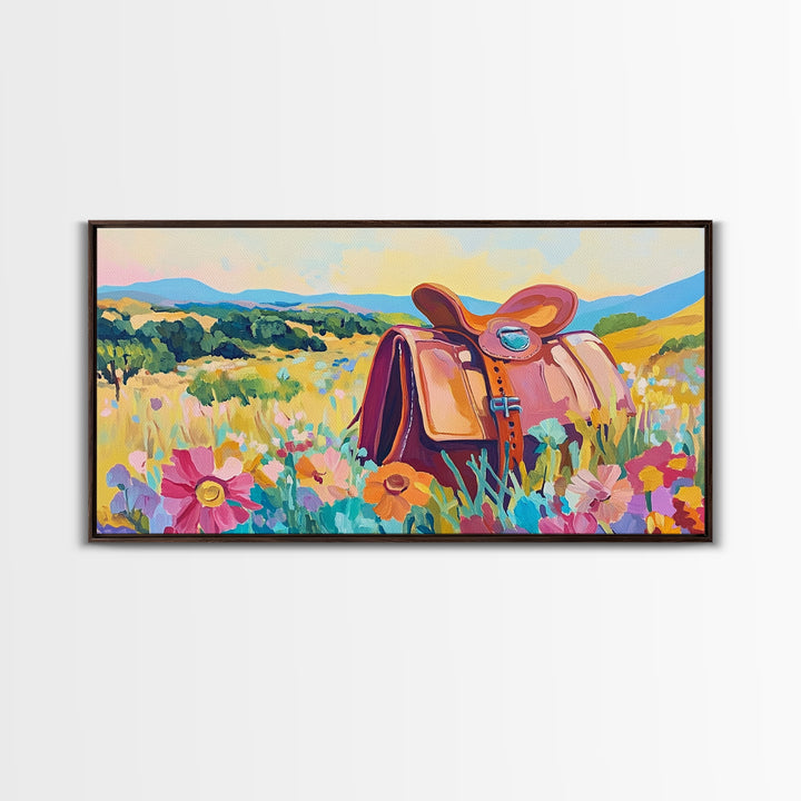 Western Saddle In Wildflower Meadow Wall Art, Cowgirl Canvas Print, Colorful Landscape Art, Rustic Ranch Home Decor Gift