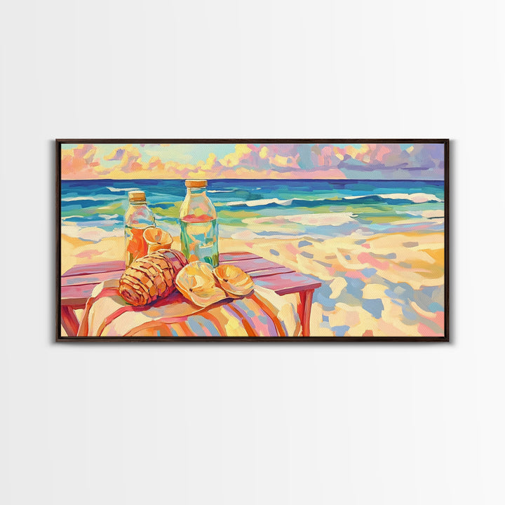 Beach Picnic With Croissants And Bottles Canvas Print, Coastal Wall Art, Ocean Seascape Art, Summer Kitchen Decor Gift For Her