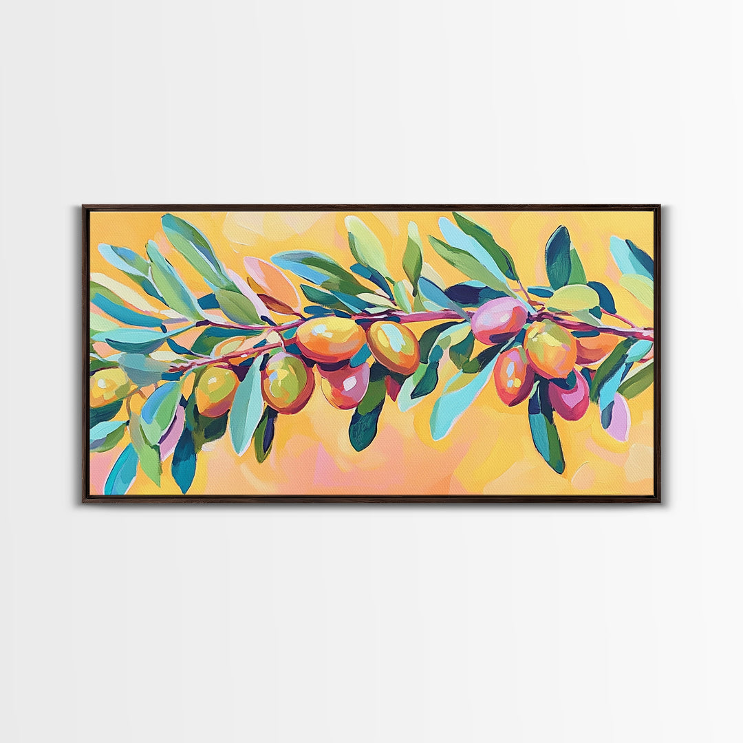 Olive Branch With Green Leaves And Golden Fruit Wall Art, Mediterranean Canvas Print, Botanical Kitchen Decor Gift For Her