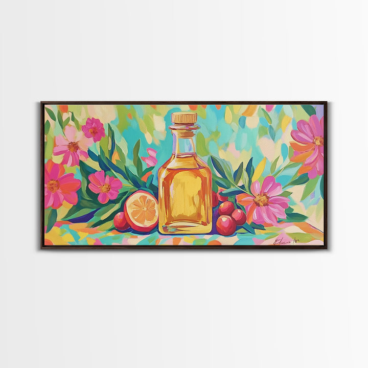 Olive Oil Bottle With Lemon And Pink Flowers Canvas Print, Mediterranean Wall Art, Botanical Kitchen Home Decor Gift For Her