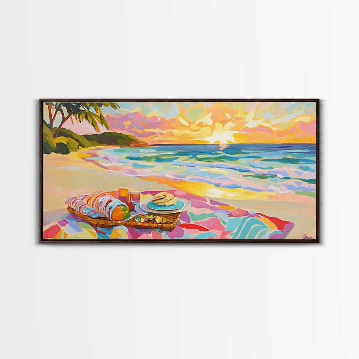 Tropical Beach Picnic At Sunset Canvas Print, Coastal Wall Art, Ocean Decor, Beach House Decor, Summer Wall Art, Gift For Her