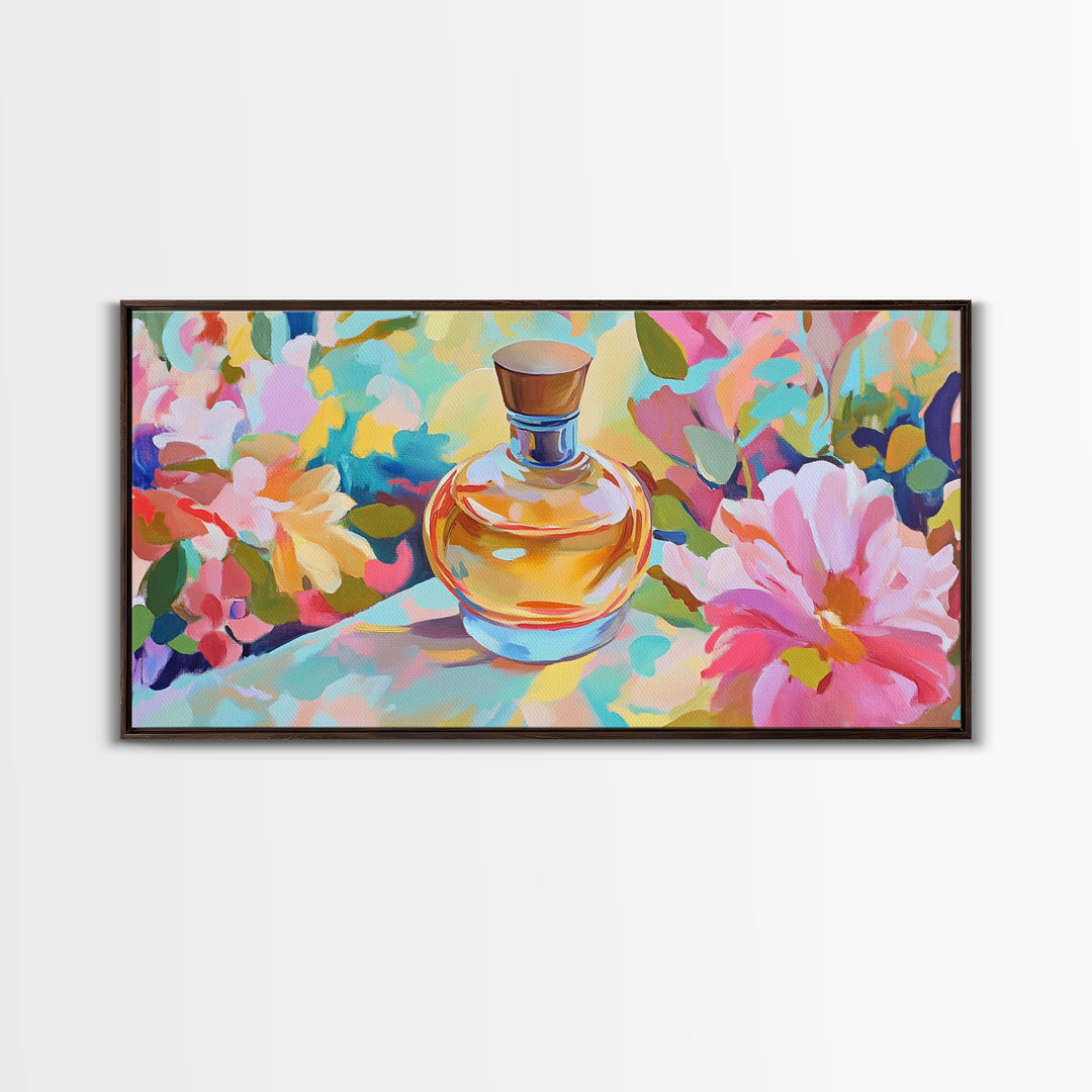 Elegant Perfume Bottle With Pink Daisy Canvas Print, Feminine Wall Art, Floral Wall Decor, Gift For Her, Romantic Decor Print