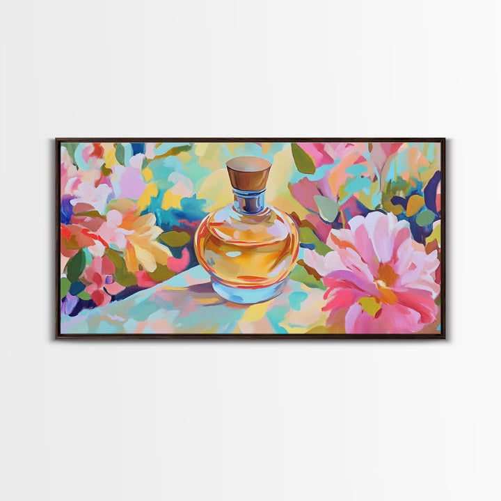 Elegant Perfume Bottle With Pink Daisy Canvas Print, Feminine Wall Art, Floral Wall Decor, Gift For Her, Romantic Decor Print