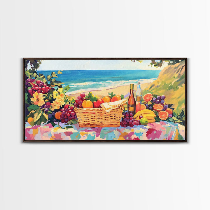 Seaside Picnic Basket Framed Canvas Print, Coastal Wall Art, Fruit And Wine Still Life, Beach House Kitchen Decor Gift For Her