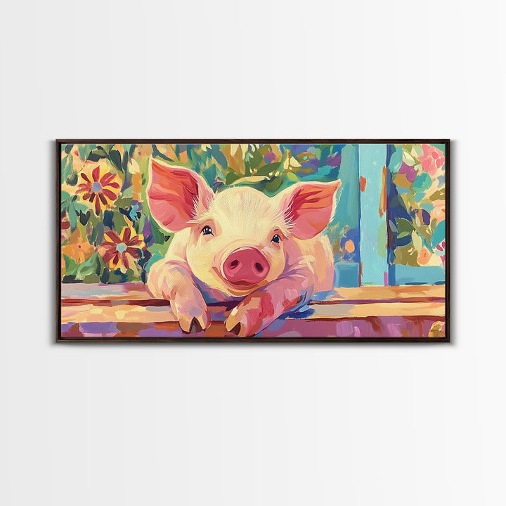 Piglet At Garden Fence Framed Canvas Print, Cute Farm Animal Wall Art, Floral Farmhouse Home And Nursery Decor, Gift For Her