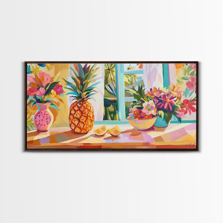 Pineapple And Tropical Flowers Canvas Print, Colorful Kitchen Wall Art, Summer Fruit Still Life, Coastal Home Decor Gift