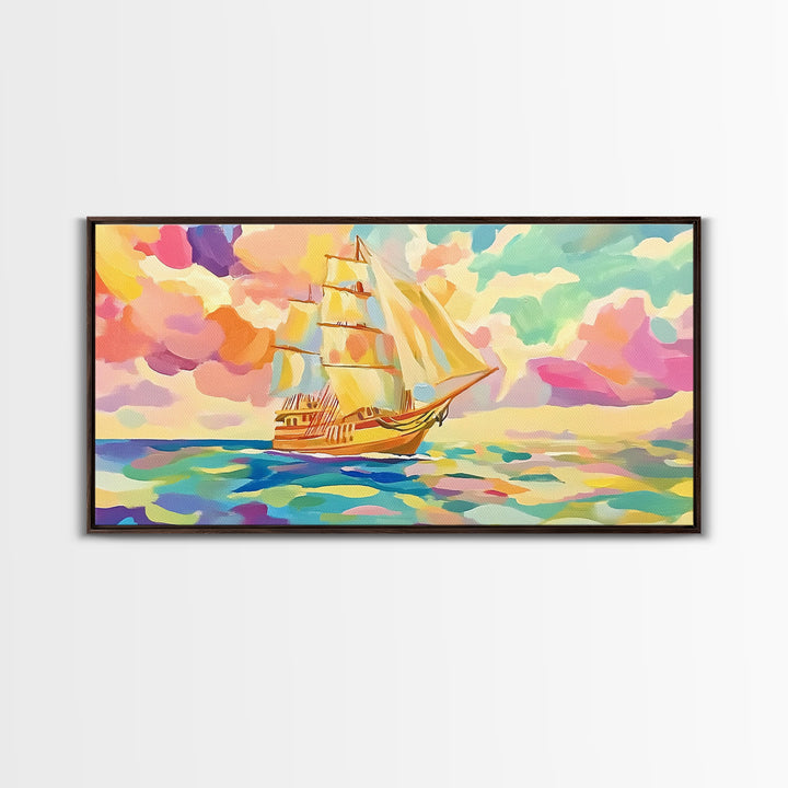 Pastel Sailboat On Turquoise Sea Canvas Print, Coastal Wall Art, Nautical Decor, Ocean Landscape, Beach House Gift For Living Room