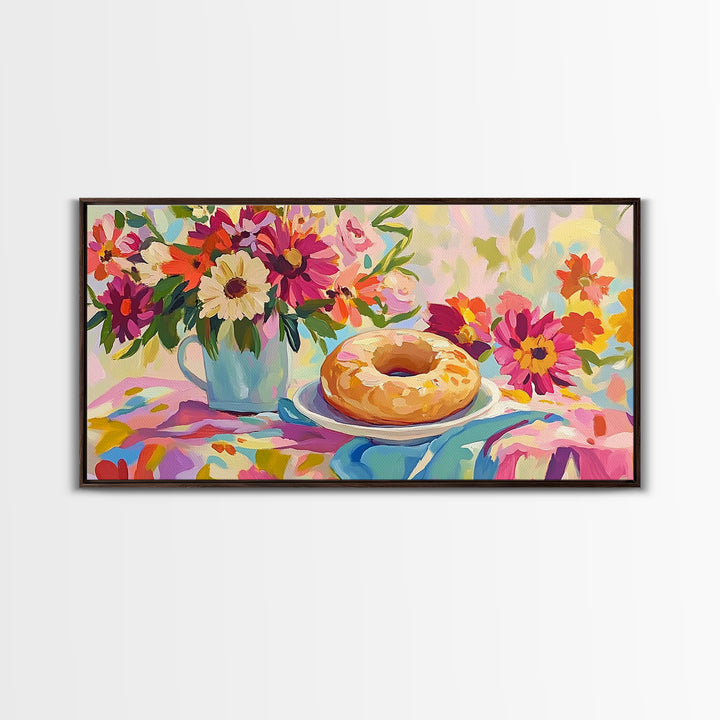 Glazed Donut And Garden Flowers Canvas Print, Bakery Wall Art, Cheerful Kitchen Decor, Colorful Breakfast Nook Art, Housewarming Gift