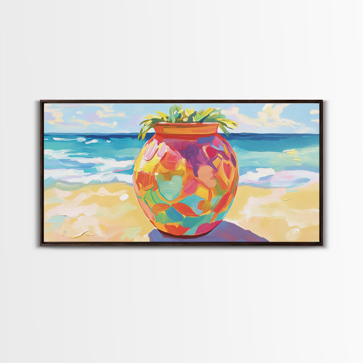Painted Beach Planter With Ocean View Canvas Print, Coastal Wall Art, Tropical Beach House Decor, Colorful Summer Art Gift
