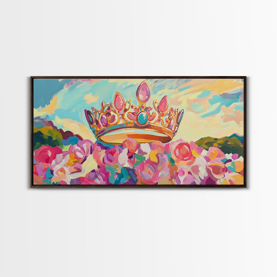 Jeweled Crown Over Pink Roses Canvas Print, Magical Princess Wall Art, Fairytale Nursery Decor, Whimsical Girls Room Gift