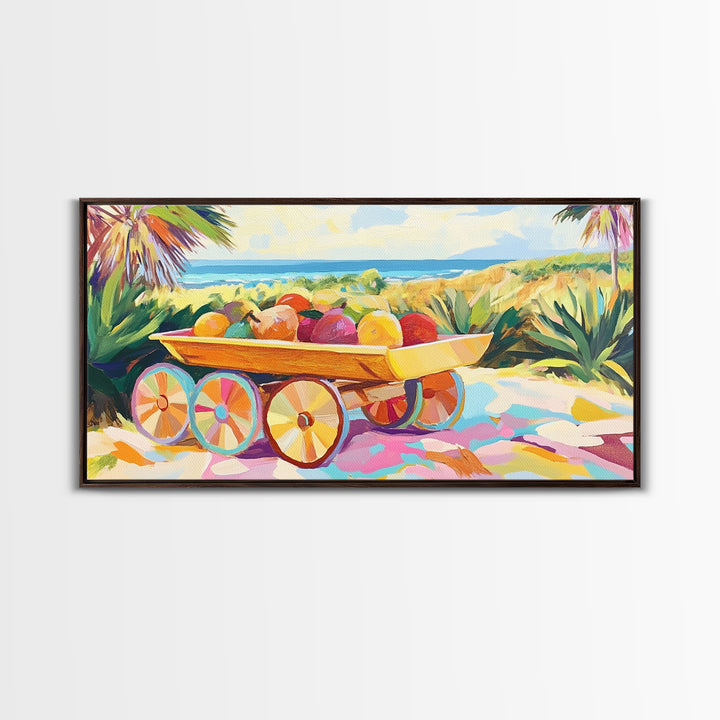Tropical Fruit Cart By The Sea Canvas Print, Coastal Wall Art, Tropical Beach House Decor, Colorful Summer Kitchen Art Gift