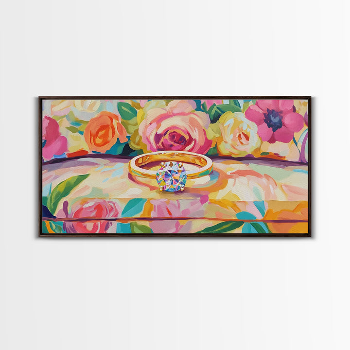 Diamond Engagement Ring With Roses Framed Canvas Print, Romantic Wall Art, Floral Wall Decor, Anniversary Wedding Gift For Her