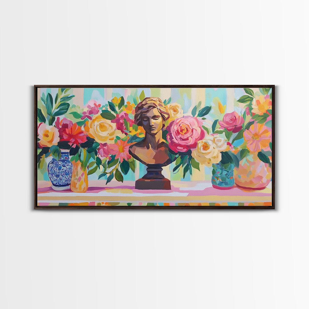 Classical Bust With Roses Framed Canvas Print, Floral Wall Art, Romantic Garden Decor, Feminine Living Room Art Gift For Her