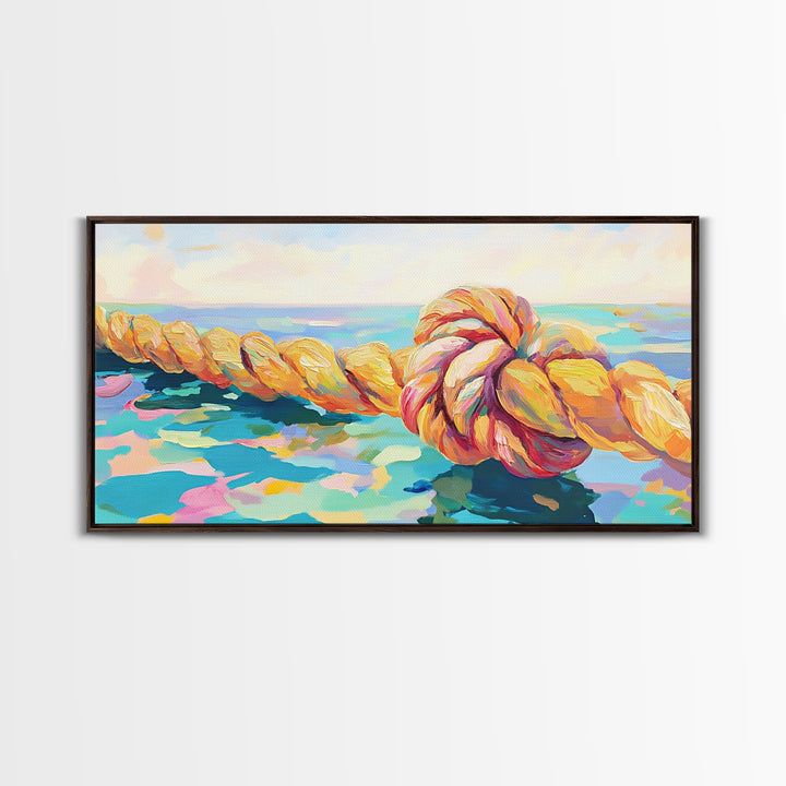 Nautical Rope Knot By Blue Sea Canvas Print, Coastal Wall Art, Ocean Beach House Decor, Lake House Living Room Decor Gift
