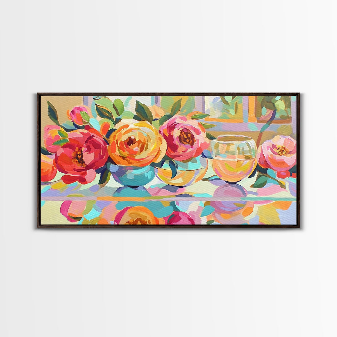 Pink Roses And White Wine Framed Canvas Print, Floral Still Life Wall Art, Romantic Kitchen Decor Gift For Her Dining Room Art