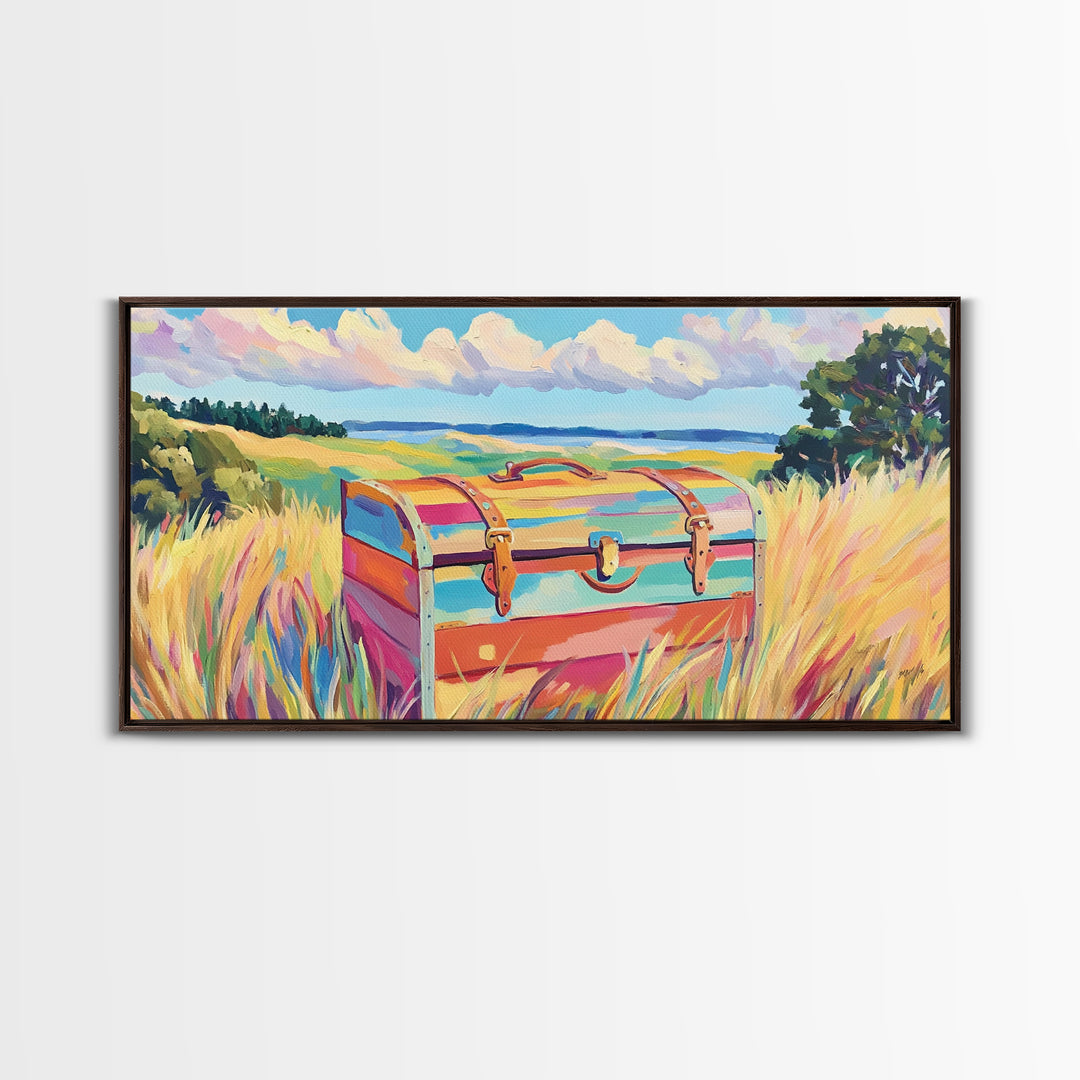Striped Treasure Chest In Coastal Meadow Framed Canvas Print, Beach House Decor, Colorful Landscape Wall Art, Housewarming Gift