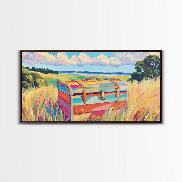 Striped Treasure Chest In Coastal Meadow Framed Canvas Print, Beach House Decor, Colorful Landscape Wall Art, Housewarming Gift