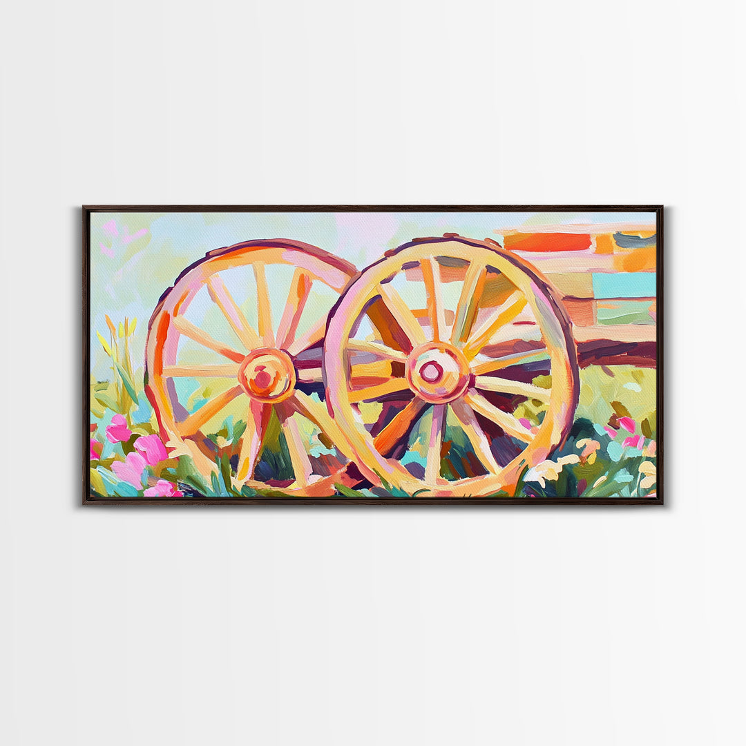 Rustic Wagon Wheels In Flower Garden Framed Canvas Print, Farmhouse Wall Art, Western Decor, Country Landscape Gift For Home