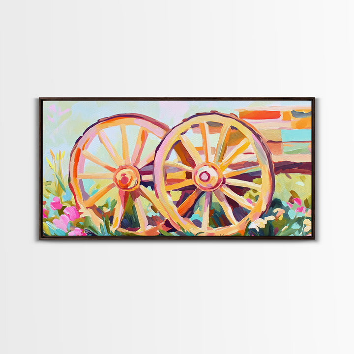 Rustic Wagon Wheels In Flower Garden Framed Canvas Print, Farmhouse Wall Art, Western Decor, Country Landscape Gift For Home