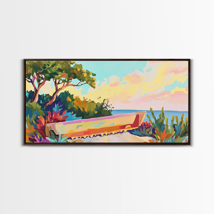 Pastel Garden Bench Overlooking Calm Sea Canvas Print, Coastal Wall Art, Mediterranean Decor, Serene Landscape For Living Room