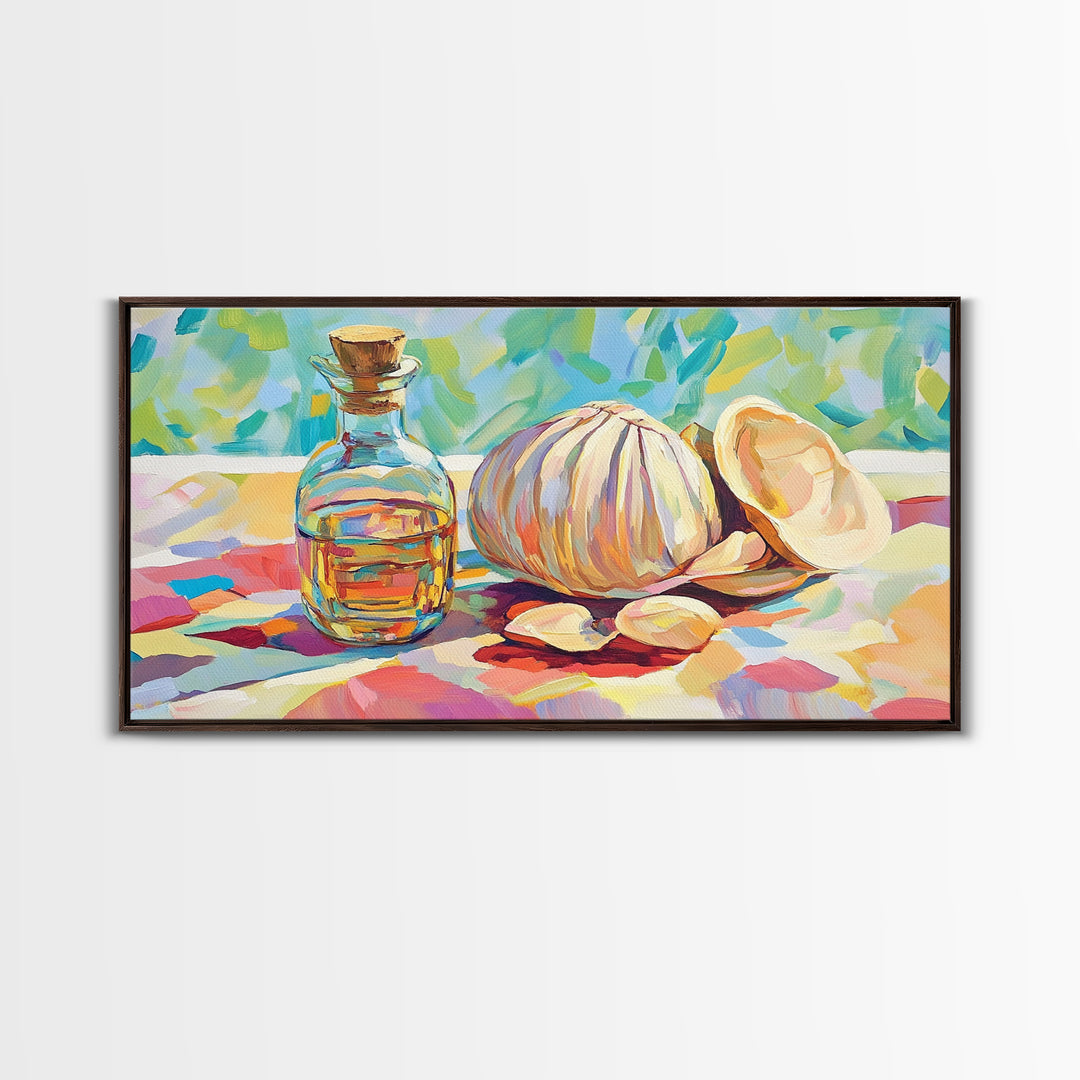 Garlic Bulb With Glass Oil Bottle And Shell Canvas Print, Kitchen Wall Art, Coastal Food Still Life Decor, Housewarming Gift