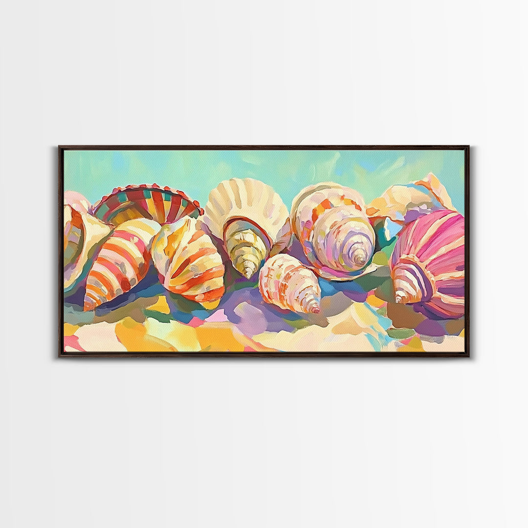 Rainbow Seashell Collection Beach Still Life Canvas Print, Coastal Wall Art, Nautical Home Decor, Colorful Beach House Gift