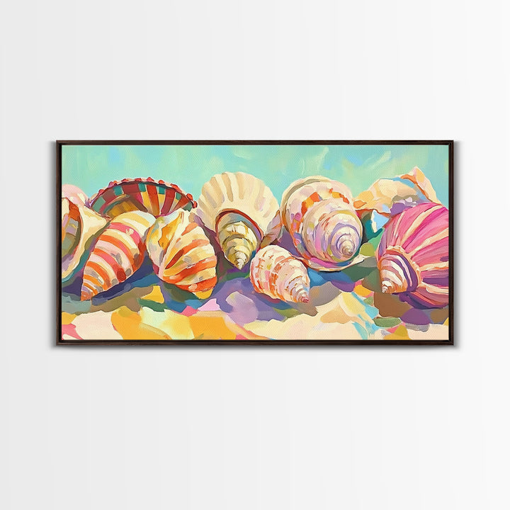 Rainbow Seashell Collection Beach Still Life Canvas Print, Coastal Wall Art, Nautical Home Decor, Colorful Beach House Gift
