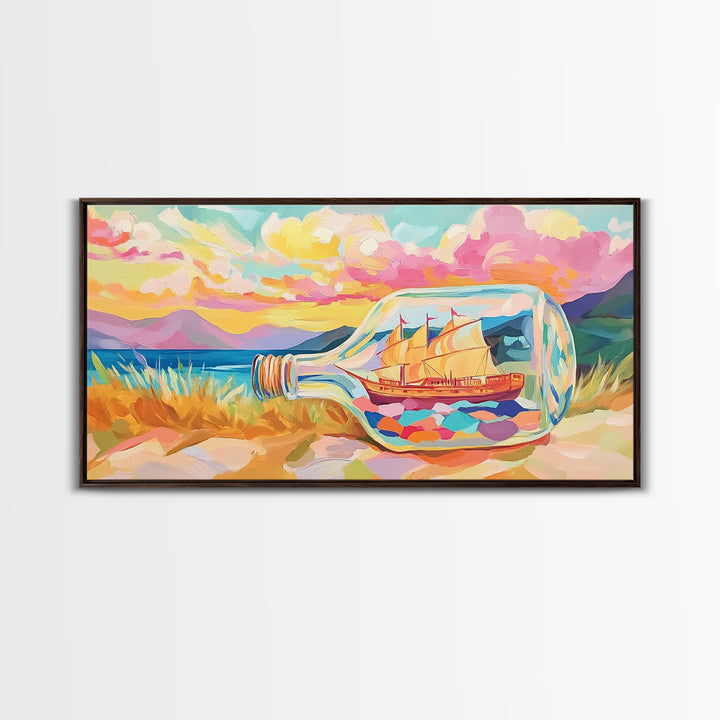 Ship In A Bottle Sunset Seascape Canvas Print, Coastal Wall Art, Nautical Beach House Decor, Whimsical Ocean Landscape Art
