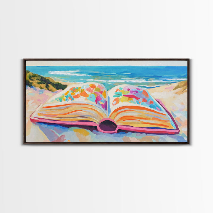 Open Book On Sunny Beach Canvas Print, Coastal Wall Art, Beach House Decor, Ocean Landscape Art, Gift For Book Lover, Living Room Decor